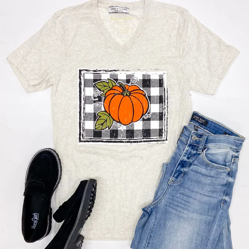 Last Chance Size Small & Medium | Buffalo Plaid Pumpkin Short Sleeve Graphic Tee in Light Beige