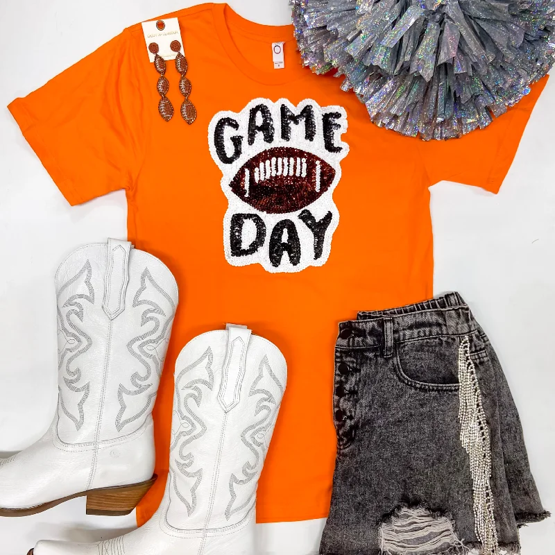 Gameday Sequin Patch Football Short Sleeve Graphic Tee in Orange