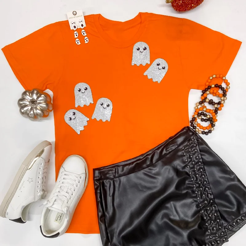 Not A Scare In The World Sequin Ghost Short Sleeve Graphic Tee in Orange