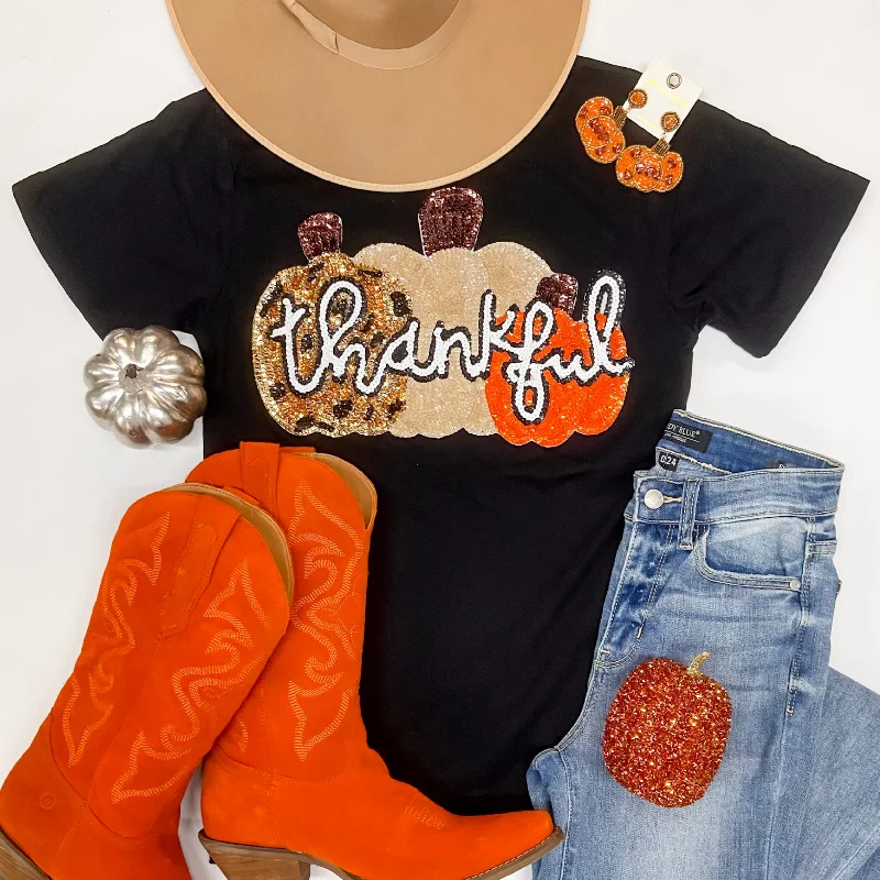 Thankful Pumpkin Sequin Patch Short Sleeve Graphic Tee in Black