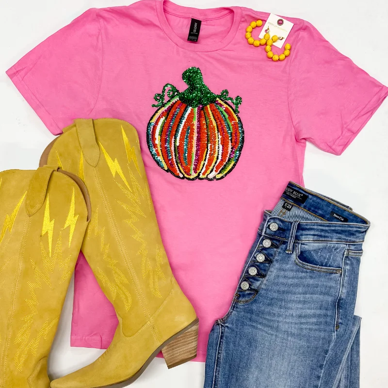 The Great and Colorful Pumpkin Sequin Patch Short Sleeve Graphic Tee in Pink