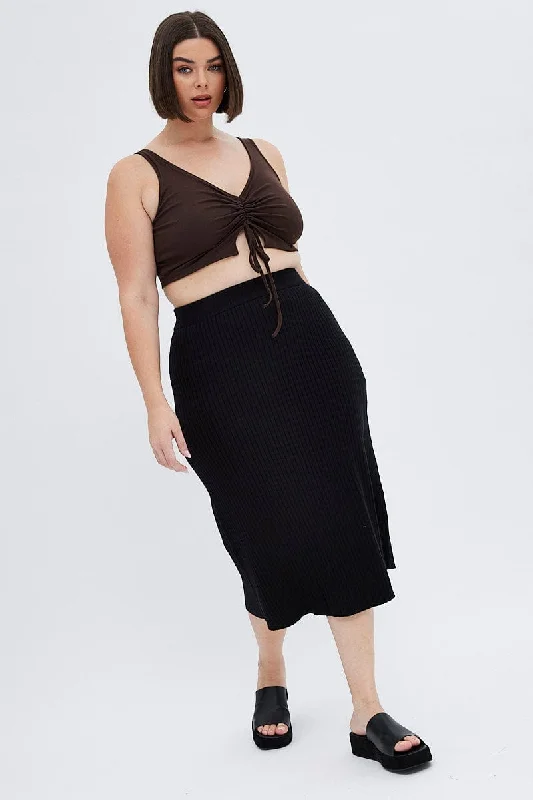 Black Knit Skirt Elastic Waist Midi Flare Rib