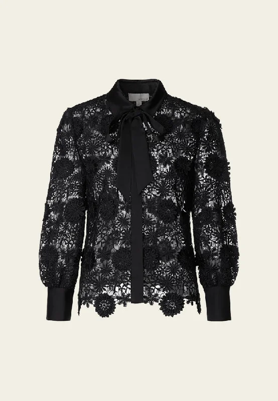 Black Lace Pussy Bow Collar Blouse