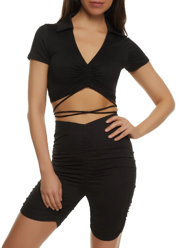 Criss Cross Tie Back Ruched Crop Top