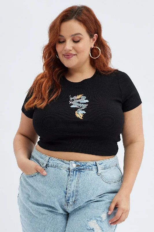 Black Crop Top Dragon Print Rib Short Sleeve