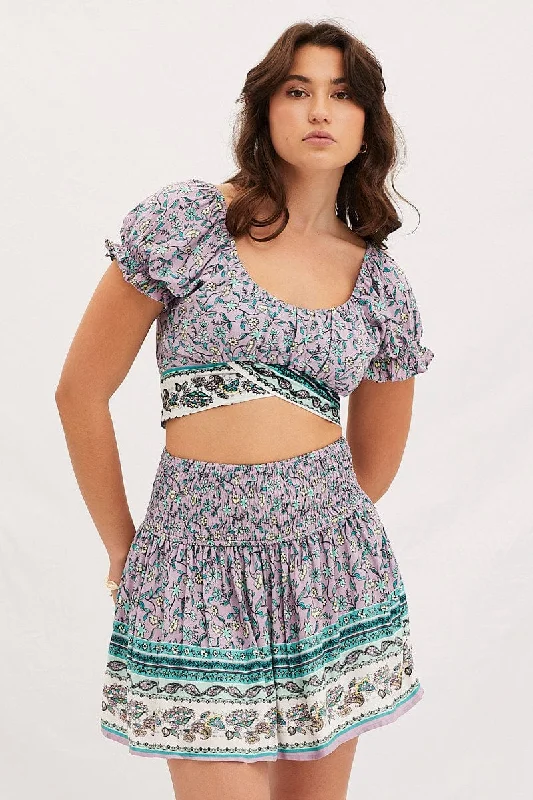 Boho Print Round Neck Puff Sleeve Crop Top