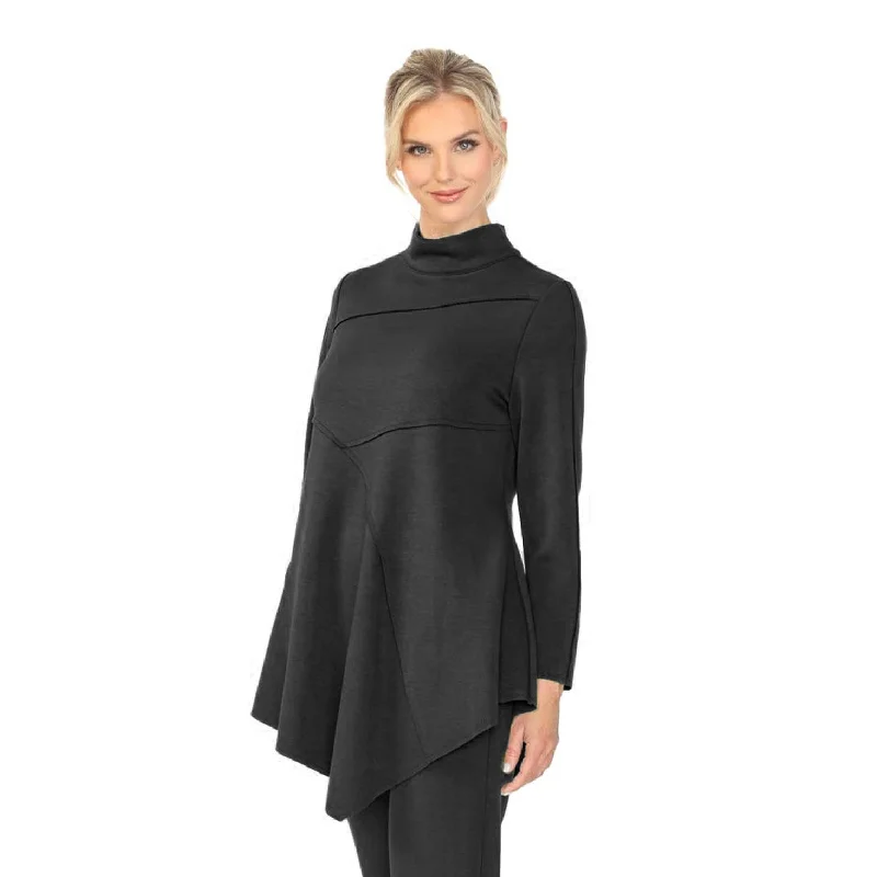 IC Collection Solid High Collar Asymmetric Tunic in Black - 4759T-BLK