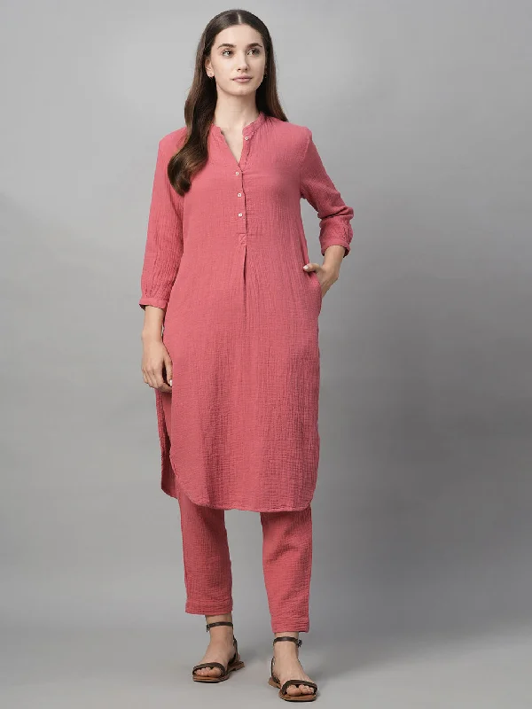 Women's Pink Cotton Regular Fit Kurta