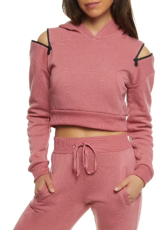 Zip Cold Shoulder Cropped Hoodie