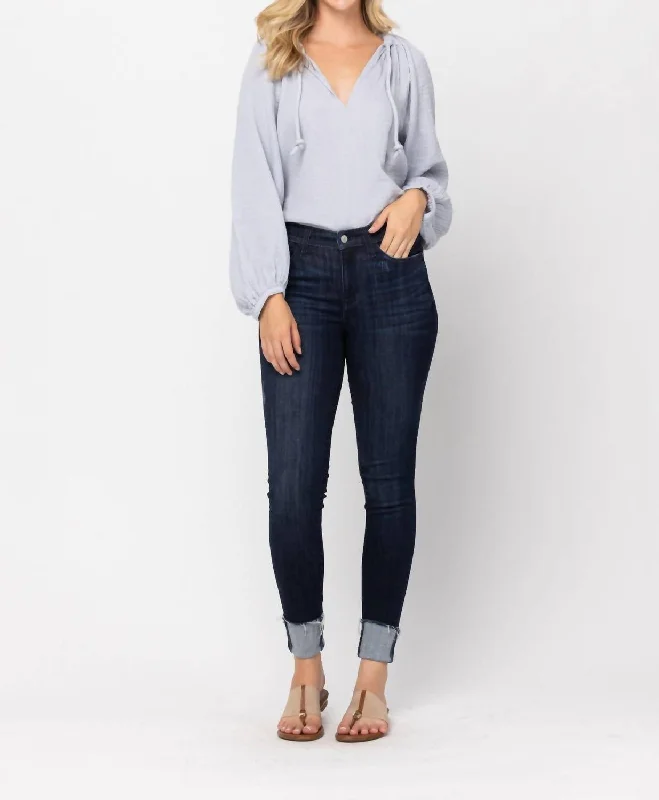 Mid Rise Cuffed Skinny Jeans In Dark Wash