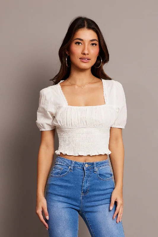 White Crop Top Short Sleeve Shirred Waist