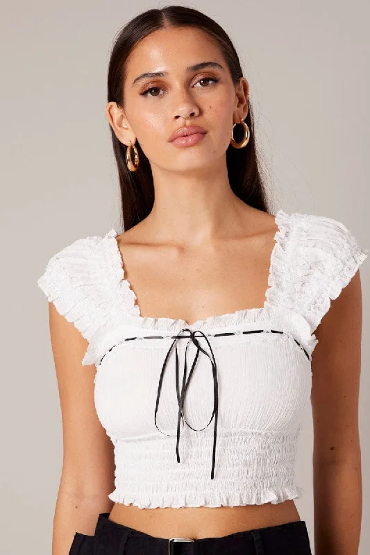 White Crop Top Sleeveless Shirred Waist Satin Bow