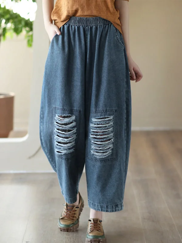 Loose Hollow Elasticity Denim Harem Pants