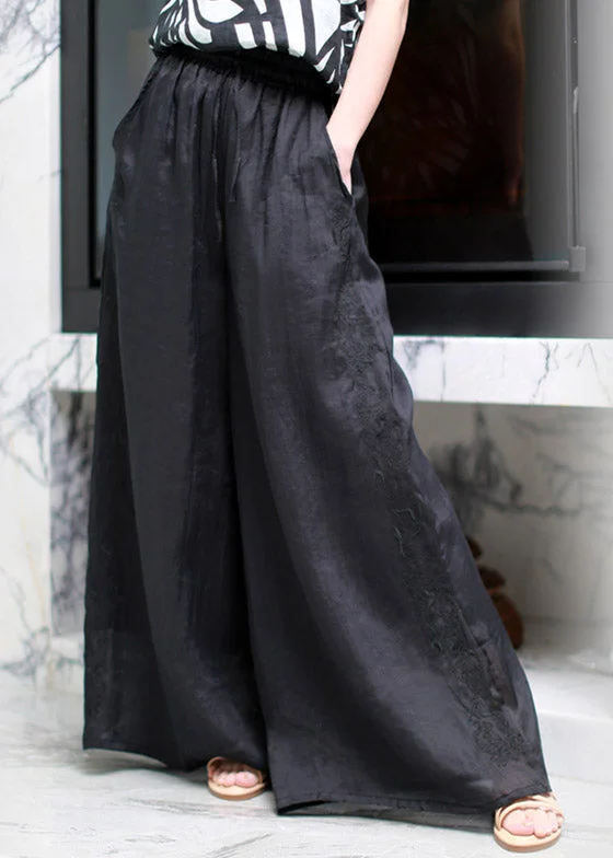 Modern Black Pockets Embroideried Floral Elastic Waist Linen Wide Leg Pants Summer