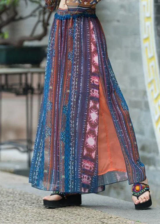 Natural Blue Side Open Print Chiffon Wide Leg Pants Summer