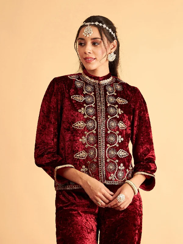 Women Maroon Velvet Front Embroidered Jacket