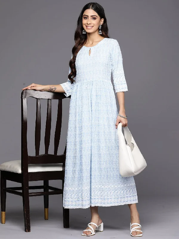 Blue Embroidered Rayon Fit and Flare Dress