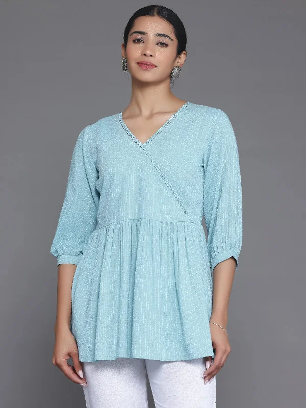 Blue Woven Design Cotton Blend A-Line Kurti