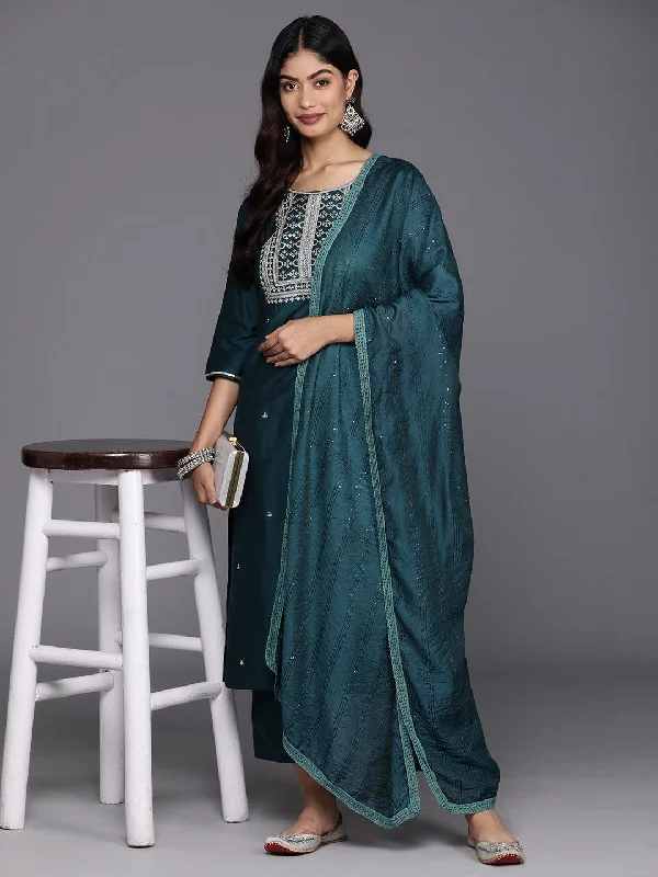 Blue Yoke Design Silk Blend Straight Suit With Dupatta