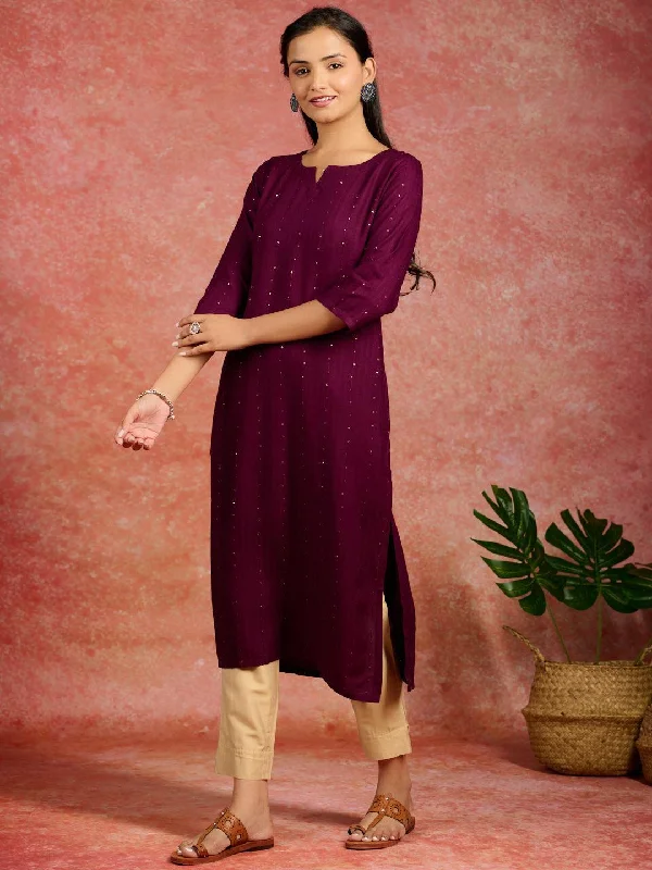 Burgundy Embroidered Rayon Straight Kurta