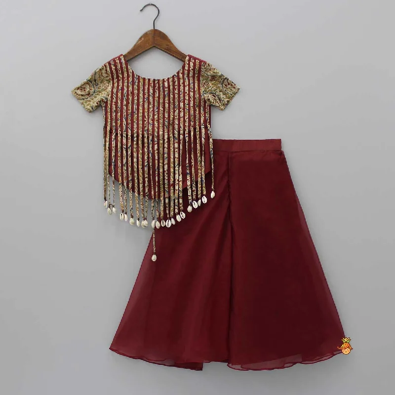 Hanging Tassels Enhanced Maroon Top And Palazzo