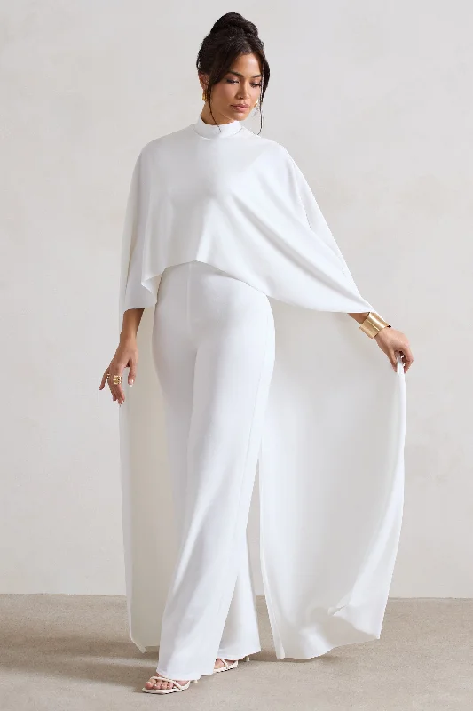 Indra | White High-Neck Wide-Leg Cape Jumpsuit