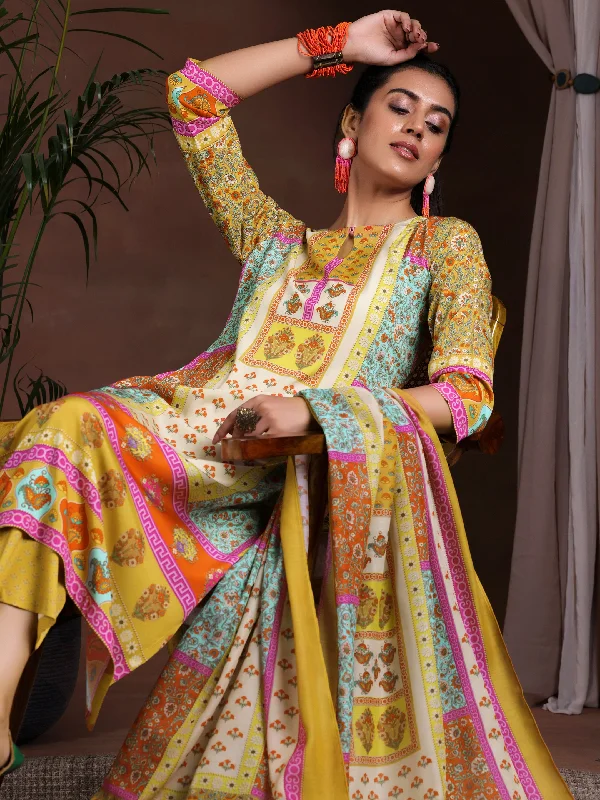 Mustard Printed Poly Crepe Straight Suit With Dupatta