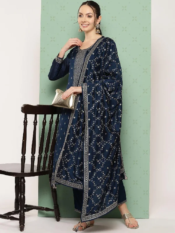 Blue Embroidered Silk Blend Pakistani Suit