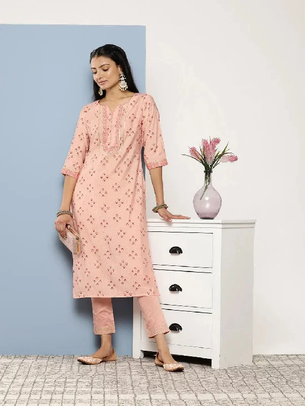 Peach Printed Silk Straight Kurta