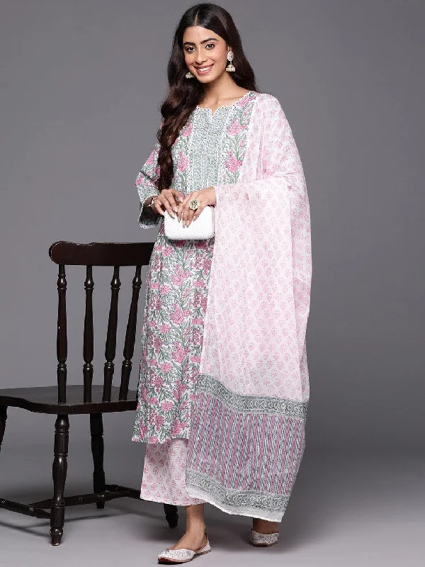 Pink Printed Cotton Straight Suit With Dupatta