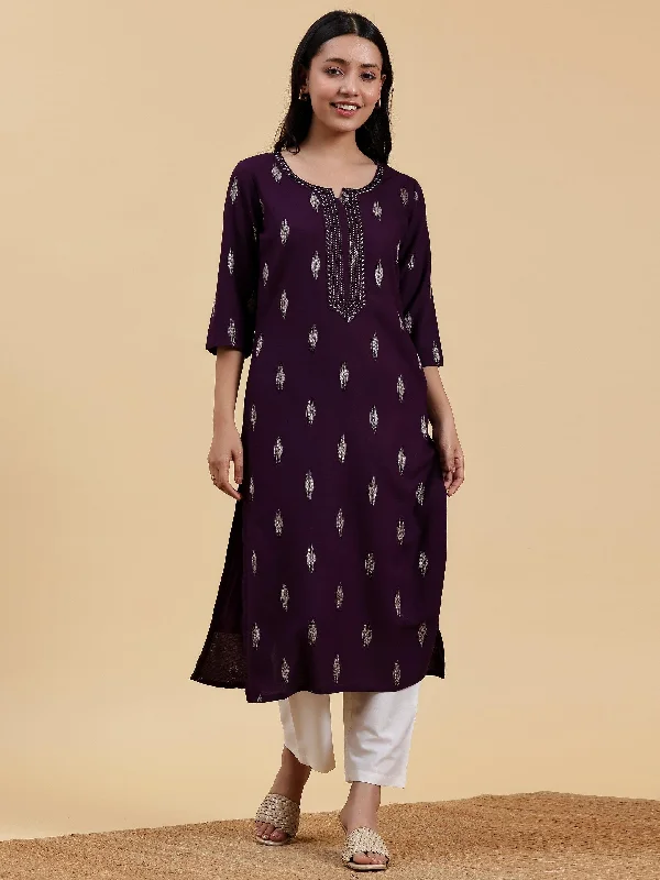 Purple Woven Design Rayon Straight Kurta