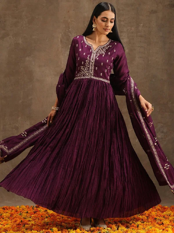 Purple Embroidered Silk Blend Anarkali Kurta With Trousers & Dupatta