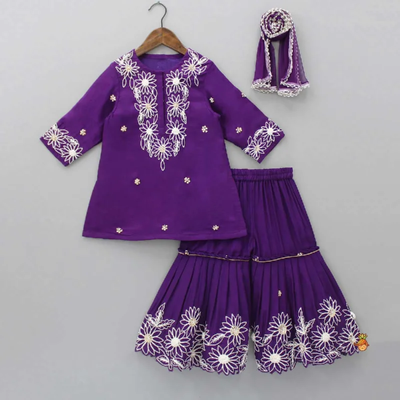 Purple Front Placket Kurti And Pleated Sharara With Net Dupatta