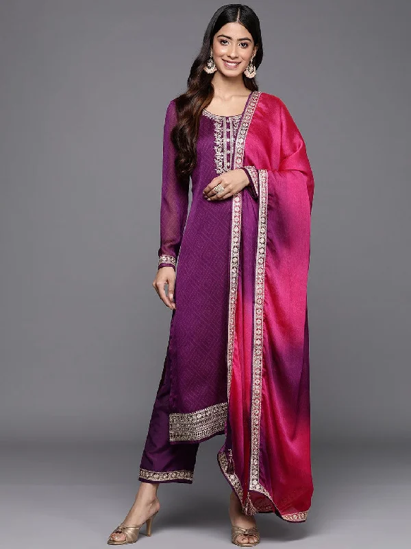 Purple Printed Chiffon Straight Kurta With Trousers & Dupatta