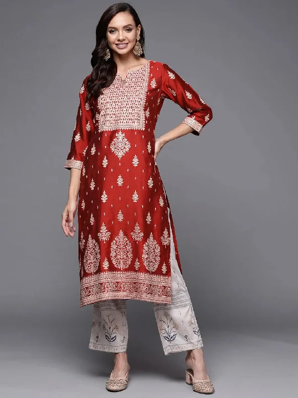 Red Printed Silk Straight Kurta