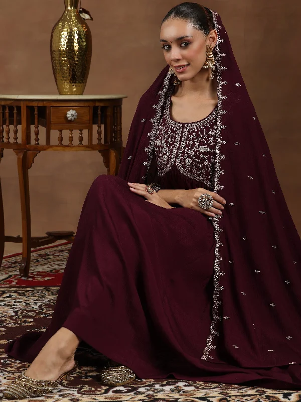 Wine Yoke Design Silk Blend A-Line Kurta With Trousers & Dupatta