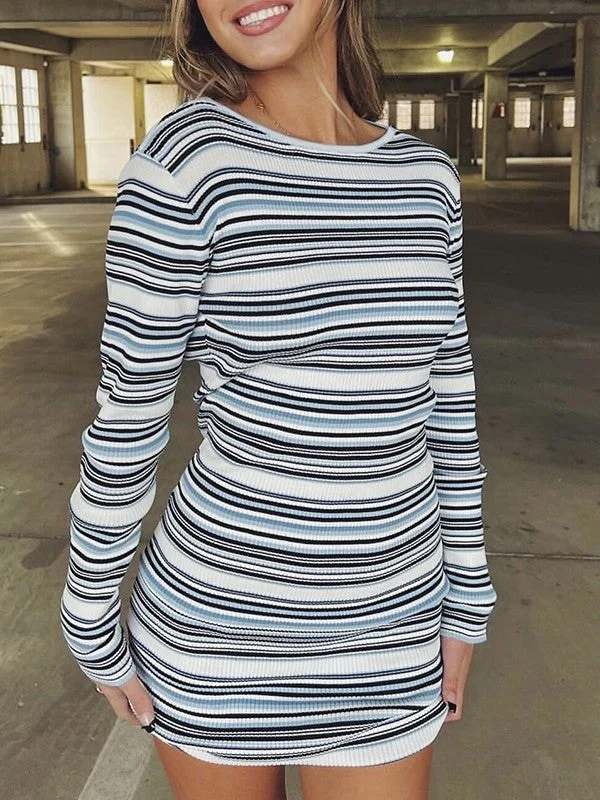 BerryBetty - Backless Long Sleeve Striped Knit Mini Dress