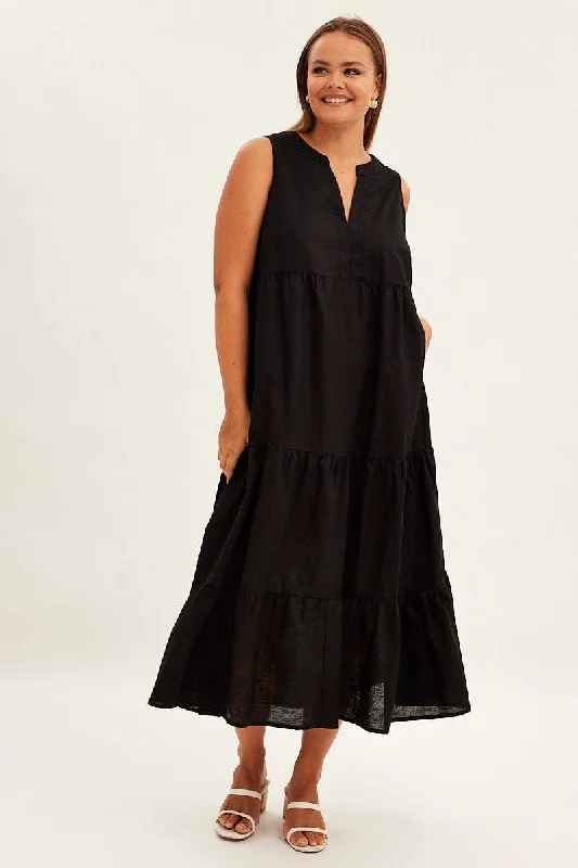 Black Maxi Dress Sleeveless Tiered Linen Blend