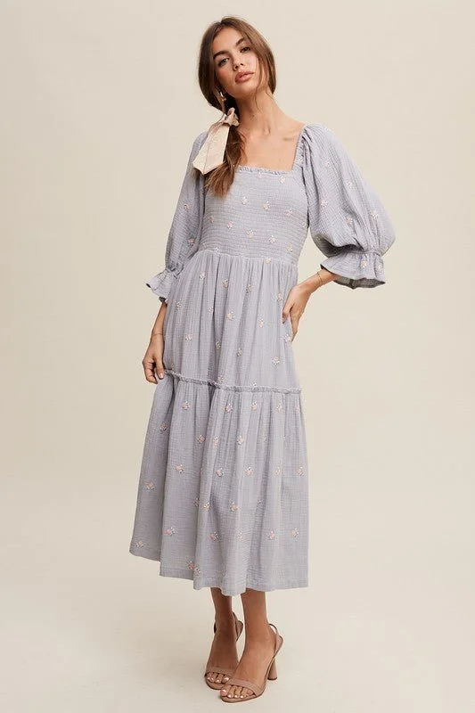 Floral Embroidery Puff Sleeve Maxi Dress