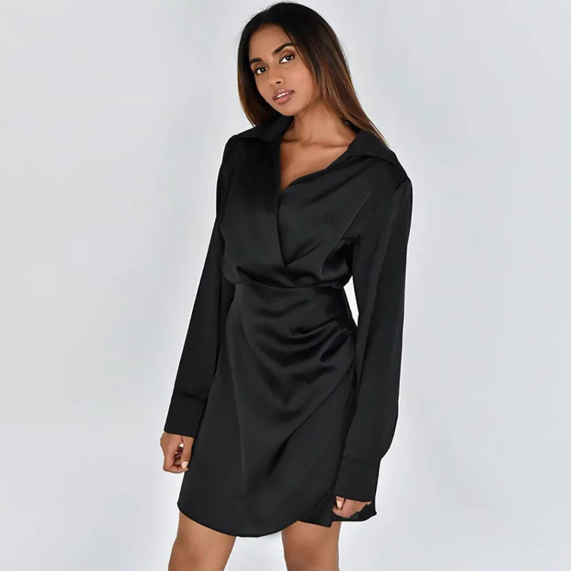 BerryBetty - V Neck Long Sleeve Shirt Mini Dress - Black