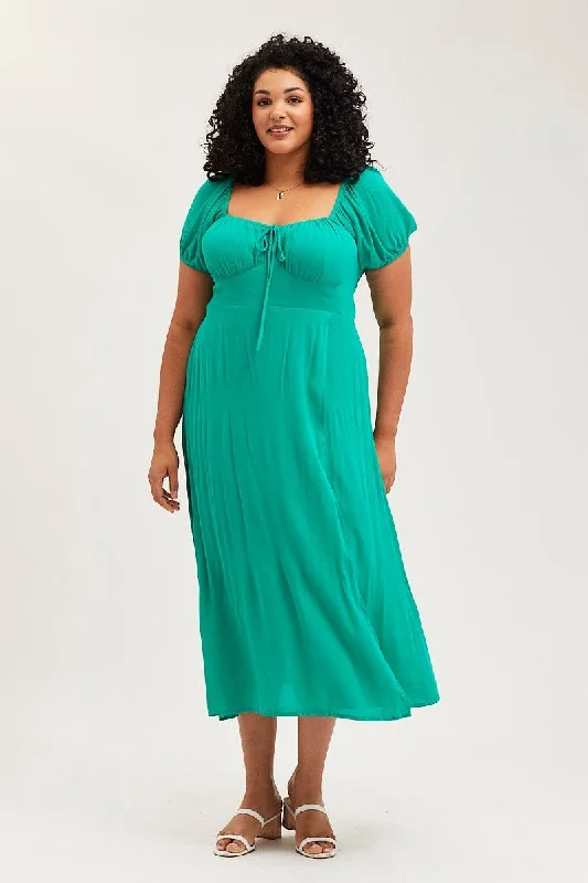 Green Maxi Dress Scoop Neck Short Sleeve Front Split