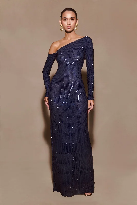 Marcia Diamante Long Sleeve Maxi Dress - Navy