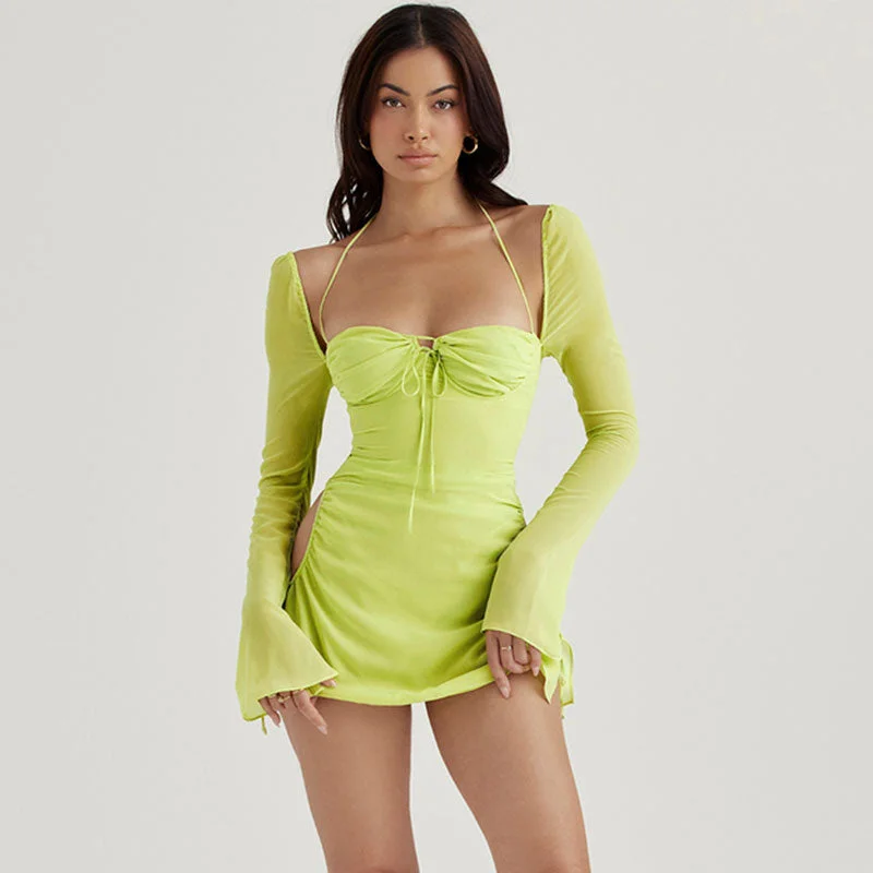 BerryBetty - Halter Tie Strap Ruched Cut Out Club Mini Dress - Green