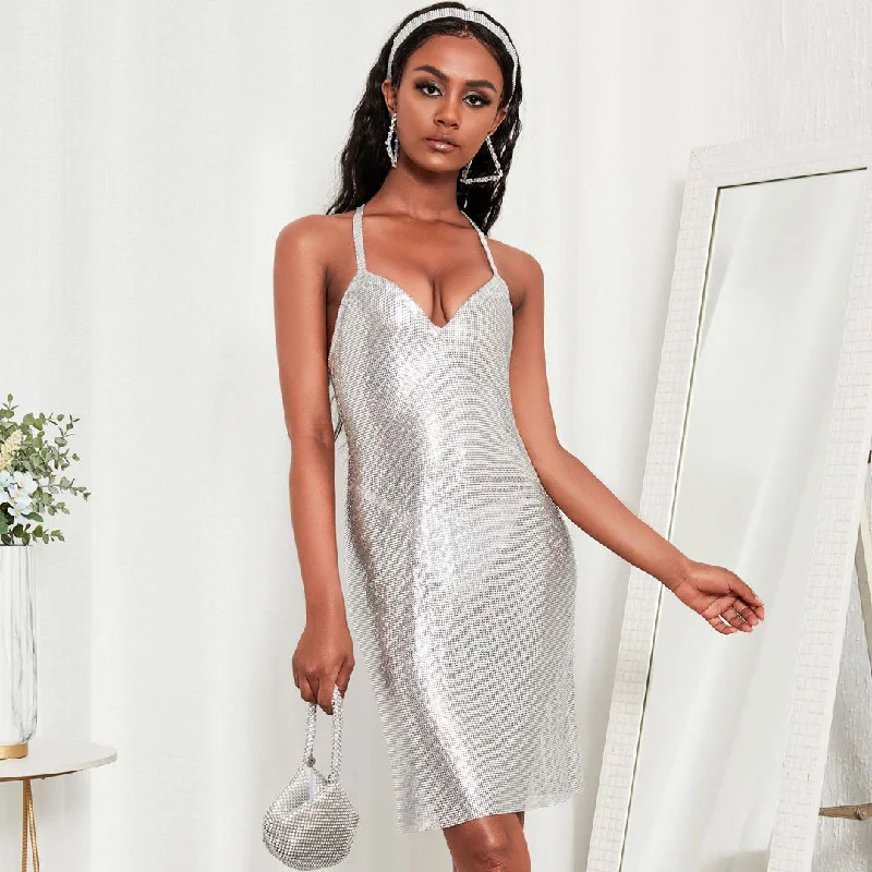 BerryBetty - Sparkling Sleeveless Crisscross Open Back Party Mini Dress - Silver