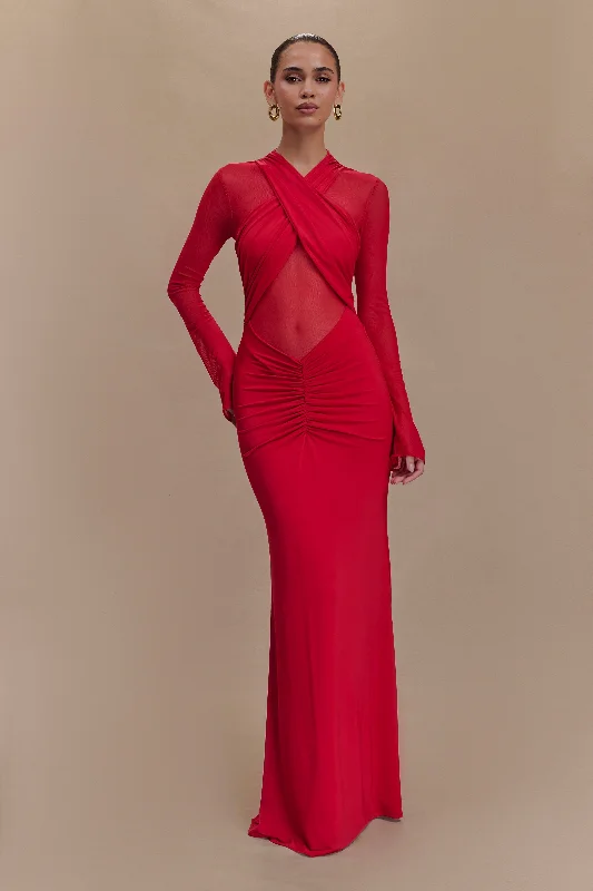 Tania Slinky And Mesh Long Sleeve Maxi Dress - Ruby