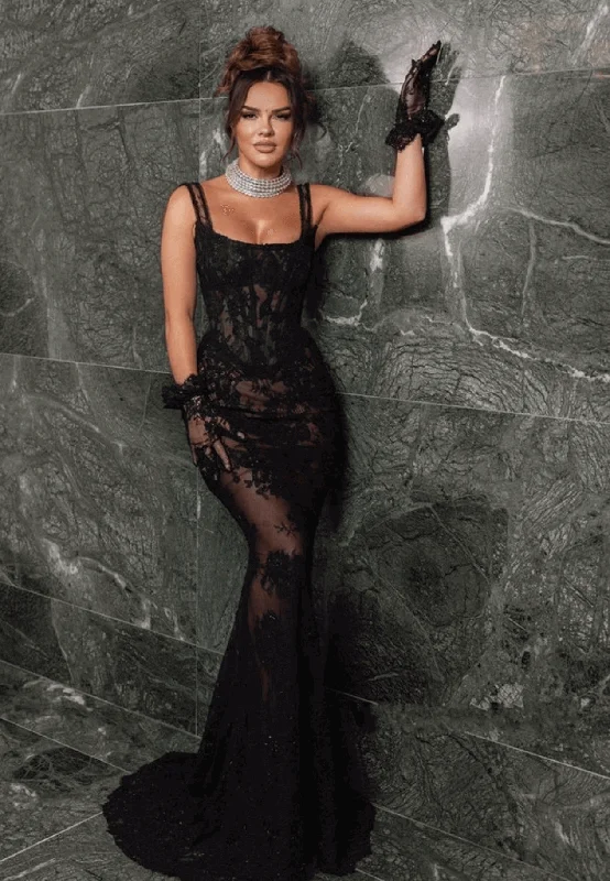 2025 Black Lace Mermaid Straps Evening Dresses See Through Formal Night Occasion Dress