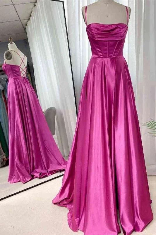 A-Line Fuchsia Prom Dress 2025 Ruched Long Evening Dress Spaghetti Straps