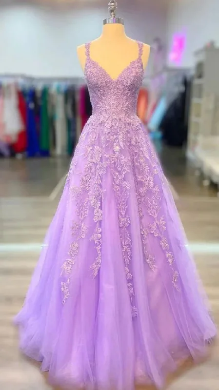 A-line Lilac Tulle 2025 Prom Dresses Violet V-neck Formal Evening Dresses UK