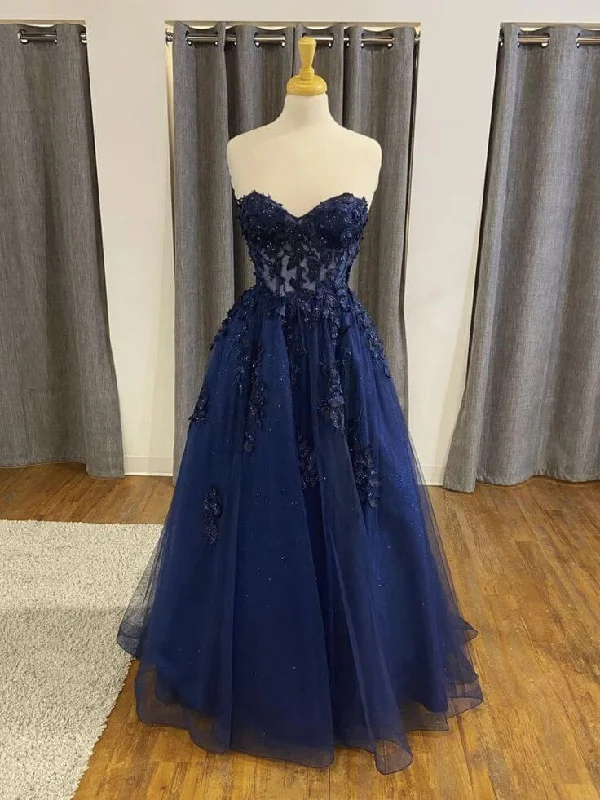 A Line 2025 Navy Blue Lace Long Prom Dresses Strapless Graduation Evening Dresses