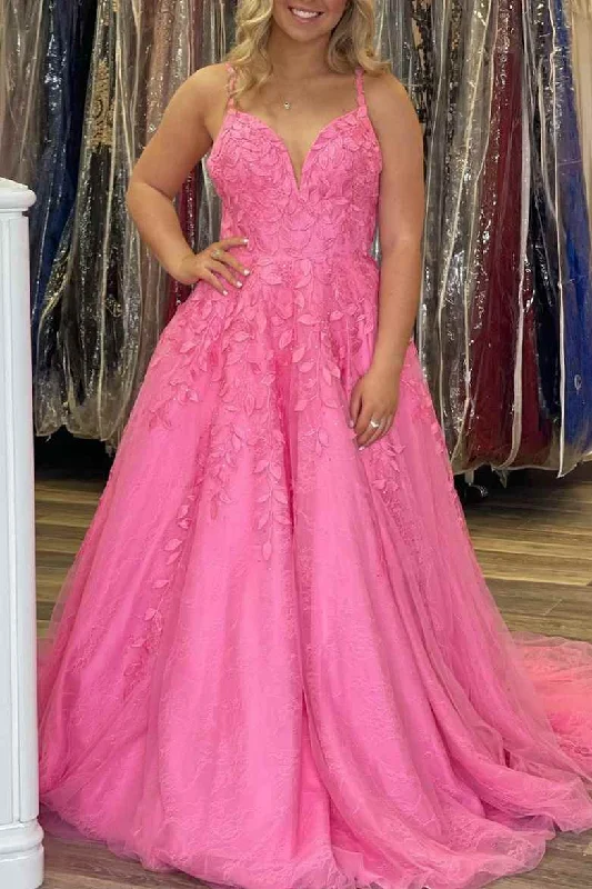 A-line Pink Lace Evening Dresses Appliques V Neck Prom Dress